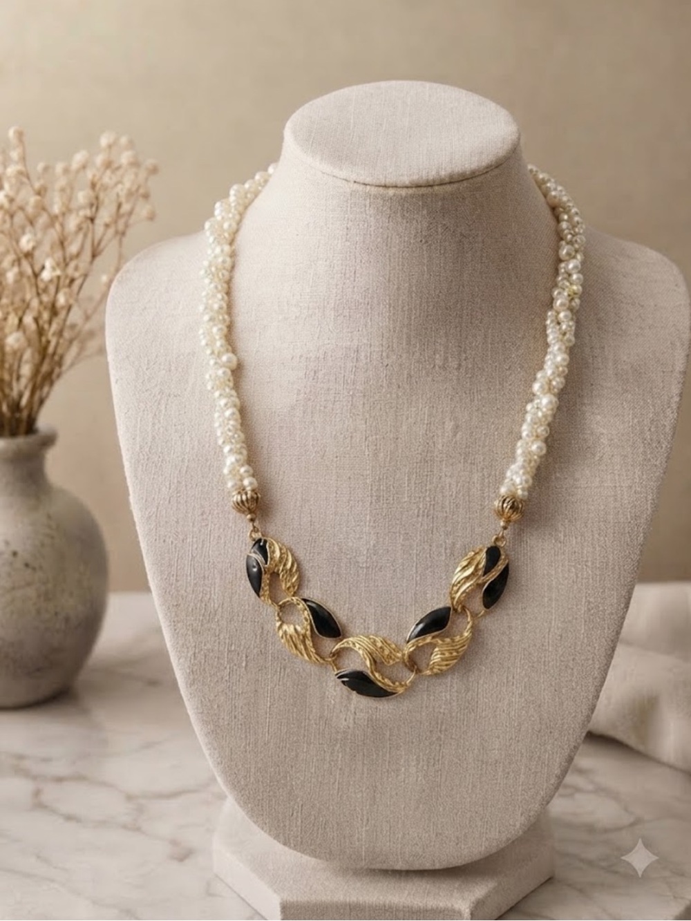 Vintage Torsade Faux Pearl Necklace Gold Tone Black Enamel